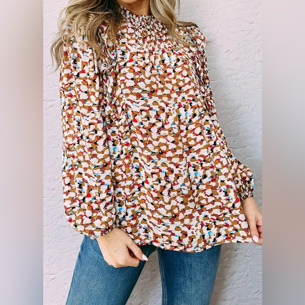 Multicolor Abstract Print Bubble Sleeves Loose Blouse
